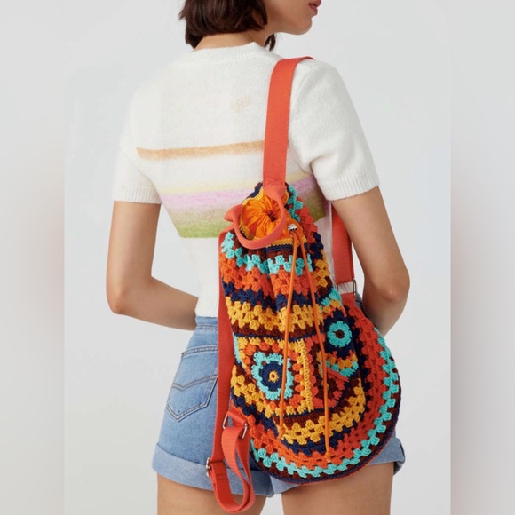 NWT Cider Retro Crochet Granny Square Drawstring Backpack Boho - Picture 2 of 16